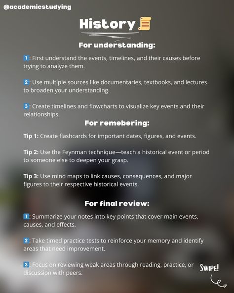 This is my process of learning, understanding and reviewing math, biology, history and English. Hopefully some of these tips can help you! Which subjects do you want in the next part? Follow @academicstudying for more 💫 #studytips #studygram #studyhacks #study Study Methods For History, Study Tips History, Study History Tips, Study Tips For History, How To Study History Effectively, How To Study For History, History Study Tips, How To Study History, Studying History