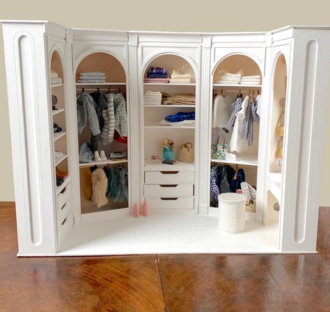 The Walk-in Closet and The Dress Cabinet – 1:6 scale DIY kit – Fashion Doll Size Miniature Diorama Furniture Dollhouse Walk In Closet, Decorated Wardrobe, Barbie Furniture Plans, Diy Doll Furniture, Doll Storage, Miniature Diorama, Arched Wall, Shelf Board, Doll Closet