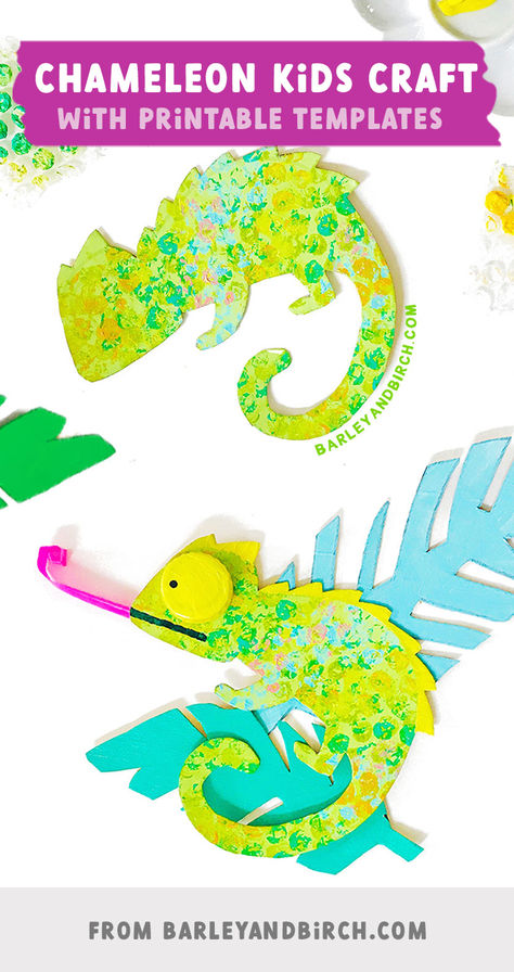 Examples of our kids chameleon craft sitting with paper jungle leaves on a white background Easy Fun Crafts, Cameleon Art, Chameleon Craft, Reptile Crafts, Rainforest Crafts, Easy Recycled Crafts, Rainforest Activities, Diy Fascinator, Jungle Crafts