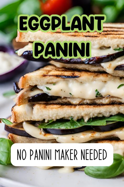 You can make this eggplant panini whether you have a panini press or not. I'll explain how to make this grilled eggplant sandwich using a skillet or a grill pan. The key is weight to smush it all down into a panini. This is like a grilled cheese stuffed with eggplant, hummus, basil and mozzarella cheese. Eggplant Panini Recipes, Grilled Eggplant Sandwich, Eggplant Sandwich Recipes, Eggplant Panini, Veggie Panini, Eggplant Hummus, Hummus Flavors, Eggplant Sandwich, Chinese Chicken Salad Recipe