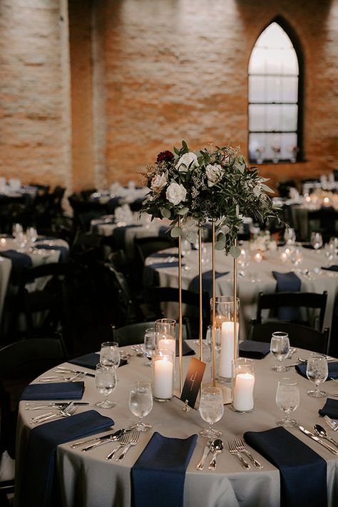 Laura + Andy Classic Blue Wedding Table Decor, Wedding Decor Ideas Table Setting, Dark Blue Wedding Table Decor, Navy Blue And Grey Wedding Centerpieces, Dusty Blue And Navy Table Setting, Wedding Centerpieces Classic, Champagne And Navy Blue Wedding Decor, Navy Blue And Gold Reception Decor, Navy Wedding Reception Tables