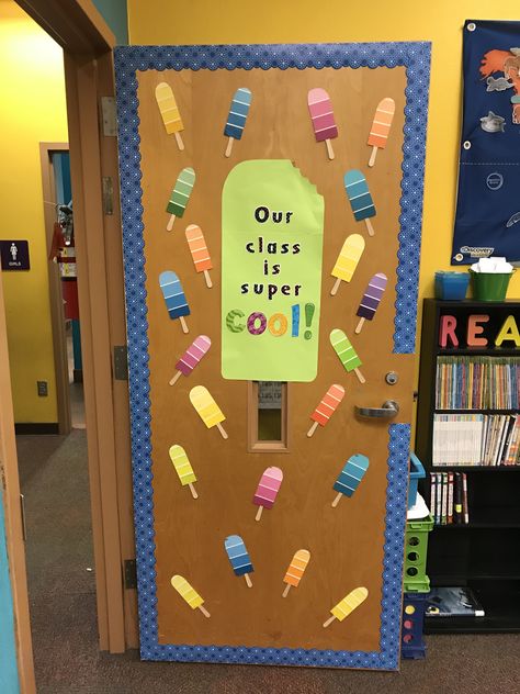 Our class is so cool! Paint strip popsicle classroom door decor Tk Door Decoration, Door Ideas For Preschool Classroom, Anything Is Popsicle Classroom Door, Popsicle Door Decorations Classroom, Preschool Doors Ideas, Simple Classroom Door Ideas, Pre K Door Ideas, June Classroom Door Ideas, Summer Door Ideas