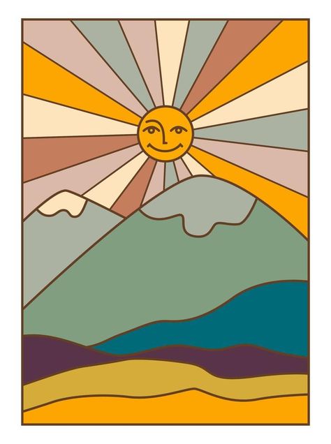 Sunset over mountains, sun character cartoons Mountain Cartoon, Cartoon Mountains, Sunset Over Mountains, Painting Of Sunset, Sun Character, Cartoon Mountain, Vector Technology, Round Robin, Sunset Painting