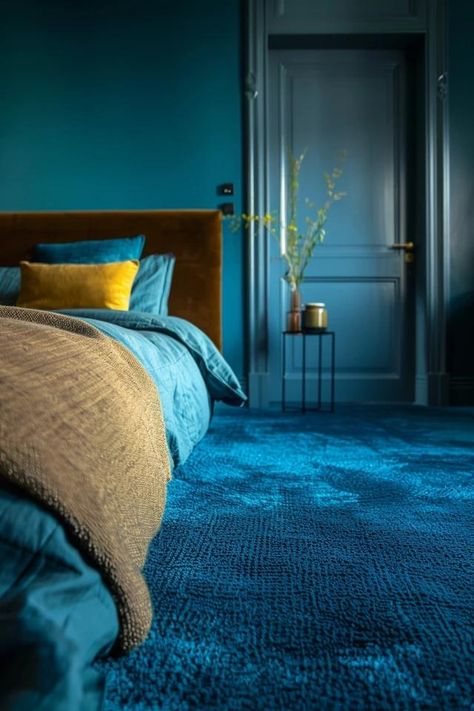 How To Decorate A Bedroom With Blue Carpet: Color Coordination Bedroom Blue Carpet, Blue Floor Bedroom, Navy Carpet Bedroom Ideas, Blue Grey Carpet Bedroom, Navy Carpet Bedroom, Dark Blue Carpet Bedroom, Bedroom With Blue Carpet, Blue Bedroom Carpet, Full Room Carpet