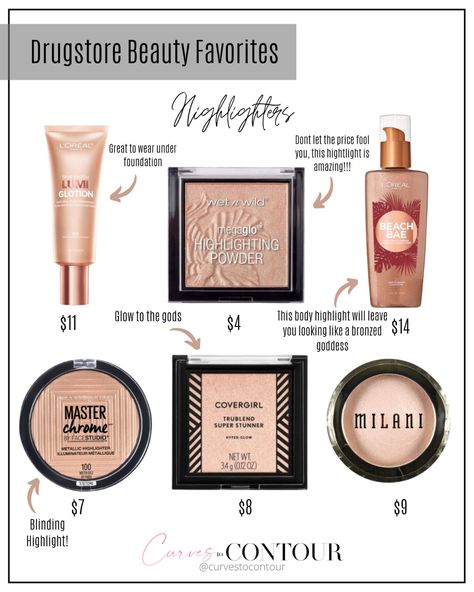 Drugstore Best Highlighters | Beauty Favorites | Curves To Contour. L'Oreal, Wet Wild, Milani, Covergirl, FaceStudio. Products For Glowing Skin, Best Highlighters, Best Drugstore Products, Skincare Favorites, Paris Makeup, Drugstore Products, Best Highlighter, Holiday Makeup Looks, Beauty Products Drugstore