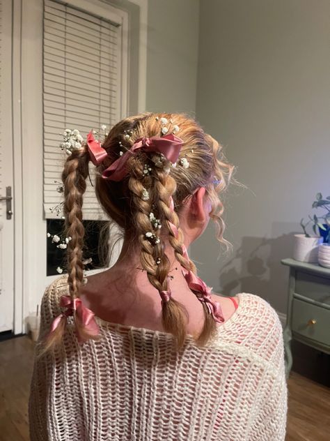 Looped Pigtail Braids, Cool Pigtail Hairstyles, Milkmaid Braid With Ribbon, Short Braided Pigtails, Fancy Braid Tutorial, Braided Pigtails With Bangs, Braids With Ribbon Bows, Wedding Pigtails, Hairstyles With Pink Accessories