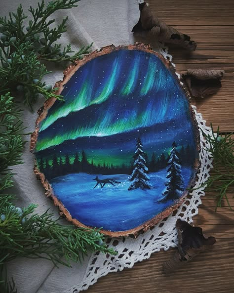 Aurora Borealis~Magical painting on wood slice, by Forest Design, custom order Painting On Log Slices, Painting On Wooden Slices, Wooden Log Painting, Painting Ideas On Wood Acrylic, Wood Slice Painting Ideas, Wooden Slice Painting, Painting On Wood Slices, Painted Logs, Log Painting