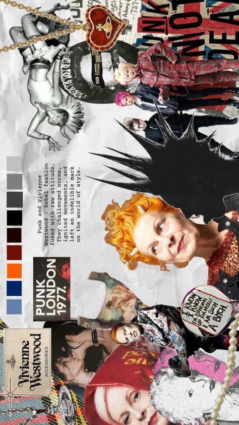 Punk Fashion Mood Board, Vivienne Westwood Artist Research Page, Vivienne Westwood Punk Aesthetic, Collage Moodboard Fashion, Vivienne Westwood Sketchbook, Punk Moodboard Fashion, Vivienne Westwood Color Palette, Vivienne Westwood Collage, Vivienne Westwood Punk Fashion