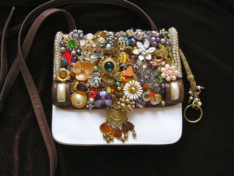 Daphne Vintage Jewelry Embellished Purse by Art Creations By CJ. #wearableart #artcreationsbycj #vintagejewelryart Jewelry Mosaic, Rhinestone Decorations, Embellished Purses, Vintage Mosaic, Vintage Jewelry Ideas, Jewelry Frames, Vintage Jewelry Repurposed, Embellished Bags, Vintage Jewelry Crafts