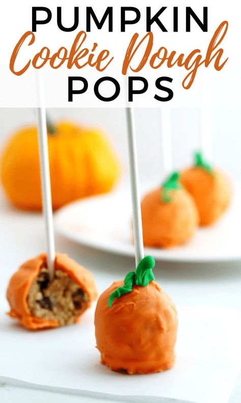 Pumpkin pops are a perfect treat for a #HalloweenParty. These pumpkin-shaped cookie dough pops are easy to make, no oven necessary!  #pumpkin #Halloween #NoBake #CookieDough #FallRecipes Pumpkin Pops, Truffle Pops, Pumpkin Cookie Dough, Cookie Dough Cake Pops, Cookie Dough Pops, Pumpkin Shaped Cookies, Pumpkin Cake Pops, Cookie Dough Cake, Gluten Free Candy