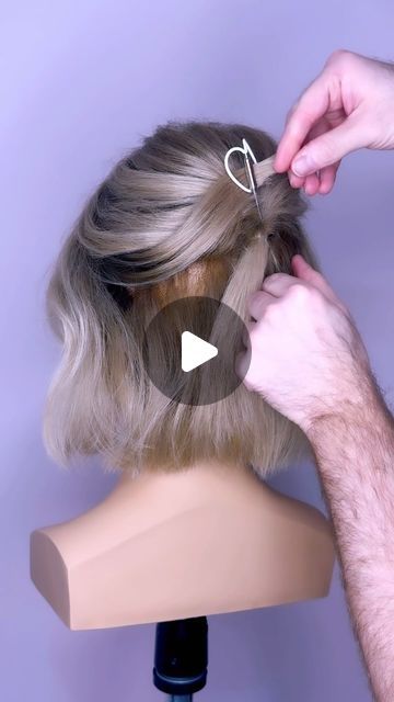 Hair Up On Short Hair, Bob Upstyles Updo Short Hair, Bridal Bun For Short Hair, Bob Length Updo, Bridesmaid Hair Bob Length, Medium Bob Updo Hairstyles, Easy Wedding Hairstyles Do It Yourself Half Up Short Hair, Short Bob Hair Accessories, Half Up Half Down Chin Length Hair