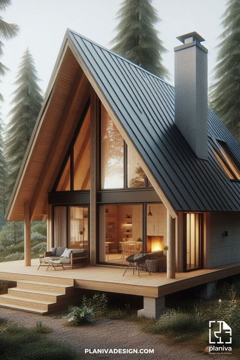 Experience serenity in our A-frame cabin, a canvas where nature paints panoramic views. This design showcases the beauty of picturesque glazing, framing the landscape as a work of art. Dive into the cozy interiors and envision a life immersed in nature's serene embrace. 🌿✨ #AFrameSerenity #NatureCanvas #CabinViews Small Rustic House, Small House Design Architecture, Building A Small House, Cabin Style Homes, Mountain Dream Homes, A Frame Cabin Plans, Cozy Interiors, Farmhouse Architecture, Chalet Design