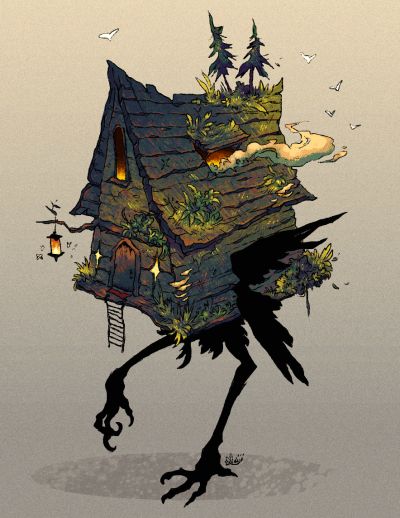 Treehouse Concept Art, Steampunk Treehouse, Drawn Scenery, Dnd Swamp, Graphic Narrative, Psychic Art, Baba Yaga House, Baba Jaga, Slavic Folklore