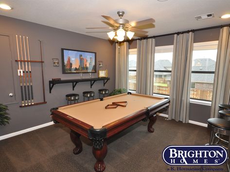 #gameroom with wall mount bar shelves and pool table Easton Model Home | Brighton Homes® | www.brightonhomes.com Pool Table Decor Ideas, Gameroom Pool Table, Home Bar Pool Table, Pool Table Garage Ideas, Home Pool Table Room Ideas, Pool Table Rooms, Small Pool Table, Pool Room Decor, Pool Room Ideas