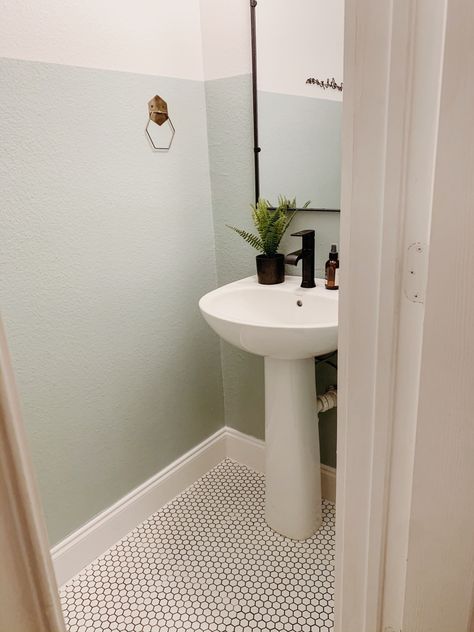 Downstairs Toilet Half Painted, Half Painted Bathroom Wall, Half Wall Paint Bathroom, Half Bath Inspiration Modern, Half Bath Green, Pedastool Sink Half Bathroom, Half Painted Wall Bathroom, Green Bathroom Modern, Half Bathroom Ideas Modern