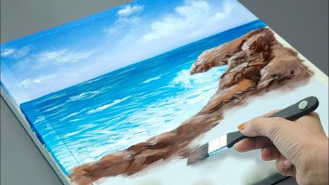 Beach Landscape Painting Easy, Sea Scapes Paintings Acrylics, Acrylic Paint Tutorial For Beginners, Acrylic Beach Painting Tutorials, How To Paint A Beach Scene For Beginners, Sea Acrylic Painting Easy, Paint Beach Scene Easy, How To Paint Beach Scene Easy, How To Draw Sea