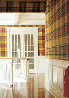 So glad to see some yellow plaid! Tartan Hallway, Craftsman Wainscoting, Plaid Wall, Wainscoting Hallway, Wainscoting Bedroom, Tartan Wallpaper, Wainscoting Styles, Diy Wainscoting, Plaid Wallpaper