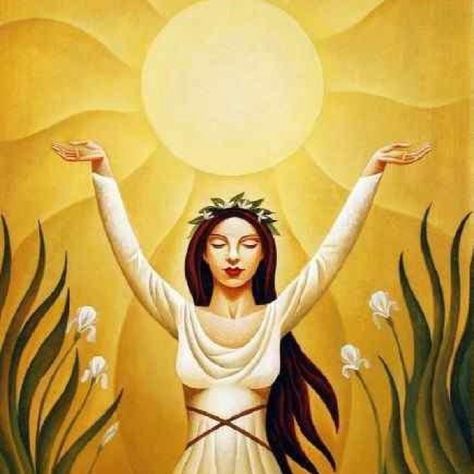 Celebrate the Summer Solstice! June 21, 2017.  Click Picture For Full Article. . Sol + stice derives from a combination of Latin words meaning “sun” + “to stand still.” As the days lengthen, the sun ris… Summer Solstice Pictures, Sacred Feminine, Beltane, Goddess Art, Summer Solstice, June 21, Winter Solstice, Spiritual Art, Mellow Yellow