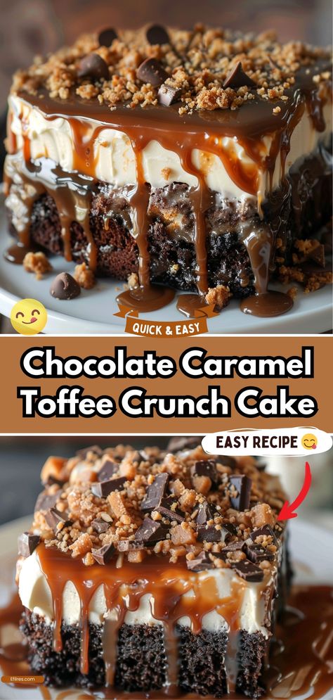 Chocolate Caramel Toffee Crunch Cake Star Crunch Cake, Thanksgiving Desserts Easy Crockpot, Toffee Frosting Recipe, Heath Cake Toffee Bits, Chocolate Thanksgiving Desert, Heath Candy Bar Cake, Chocolate Caramel Pie Recipes, The Best Chocolate Desserts, Peanut Butter Crunch Cake