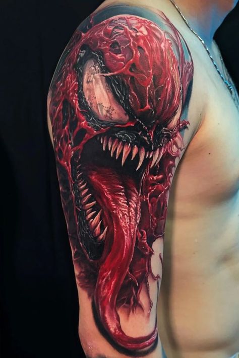 #CarnageArt #SymbioteCarnage #CarnageInk #MaximumCarnage #CarnageCreations #CarnageComic #CarnageIllustration #VenomVsCarnage #CarnageFrenzy Impressive realistic pieces by the super talented @daniel_sholtin! Venom Carnage Tattoo, Venom Tattoo Design, Carnage Tattoo, Batman Tattoo Sleeve, Carnage Art, Gengar Tattoo, Colorful Sleeve Tattoos, Forearm Cover Up Tattoos, Carnage Symbiote