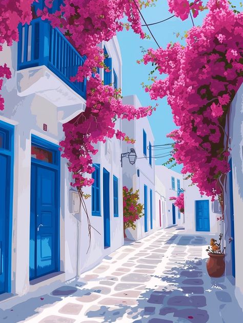 💎🌟Travel Wall Art with Midjourney Prompts - Click the Link in my Bio🤩🔗 Santorini Illustration, Greece Wallpaper, Narrow Street, Lion King Drawings, Italy Art Print, Greece Art, Art Decor Diy, Graphic Design Lessons, Travel Wall