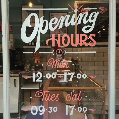 Window graphics are a great way to display opening hours! Pet Lamb, Window Lettering, Display Visual Merchandising, Painting Lettering, Window Writing, Sign Painting Lettering, Cafe Window, Sign Inspiration, Window Signage