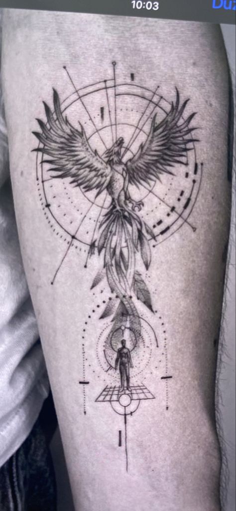 Phoenix Tattoo Design Men Leg, Masculine Pheonix Tattoo, Phoenix Compass Tattoo, Fenix Tattoo Men, Phoenix Tattoo Men Arm, Phoenix Tattoo Leg, Geometric Phoenix Tattoo, Tattoo Ideas Geometric, Fine Tattoos