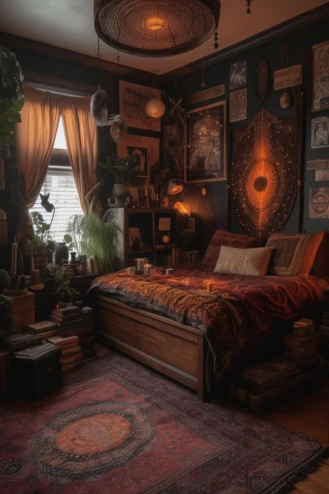 Dark Academia Bedroom Color Palette, Dark Fall Bedroom Aesthetic, Dark Artsy Bedroom, Dark Cabin Bedroom, Dark Boho Interior Design, Dark Academia Room Ideas Bedrooms, Moody Master Bedrooms Cozy, Dark Purple Walls Bedroom, Cozy Dark Room