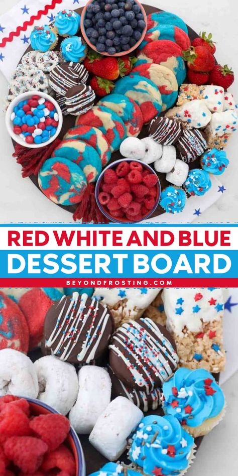 A perfect 4th of July dessert idea! Full of cookies, fruit, and snacks, this dessert charcuterie board is sure to be a hit with both kids and adults. Save this red white and blue dessert board recipe and enjoy this 4th of July sweet! 4th Of July Dessert Tray, 4th Of July Board Food, 4th Of July Desserts Charcuterie, 4th Of July Dessert Charcuterie Board, Fourth Of July Dessert Board, 4th Of July Dessert Board, Fourth Of July Charcuterie Board, Patriotic Desserts 4th Of July, Red White And Blue Snacks