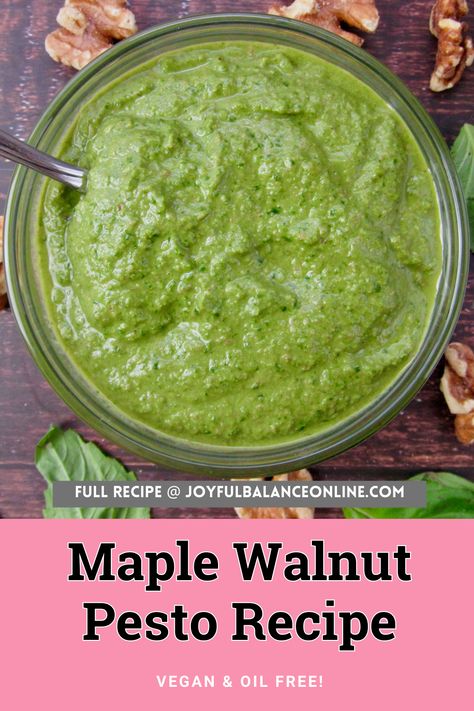 Similar to the traditional pesto we all know and love, but with a fun twist! This Maple Walnut Pesto recipe is easy and delicious. The walnuts compliment the maple beautifully to make a nutty but slightly sweet flavor, and the lemon juice adds just a bit of zing. Perfect as a pasta sauce, pizza sauce, or on a veggie sandwich! Walnut Pesto Recipe, Easy Vegan Dinners, Easy Vegan Dinner Recipes, Cozy Recipes, Fall Vegan Recipes, Vegan Dinner Recipes Easy, Walnut Pesto, Vegan Pasta Recipes, Veggie Sandwich