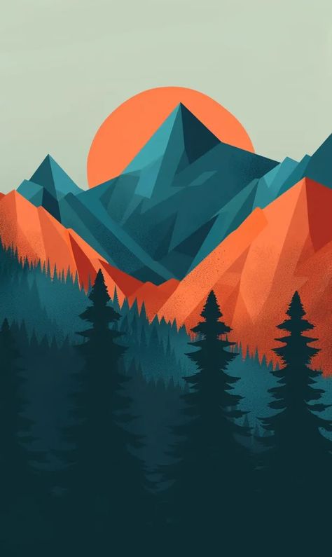 Midjourney AI Image: geometric landscape with geometric triangular mountains and trees, teal blue orange colour scheme --... → more in ai-img-gen.com Geometric Scenery, Orange Mountain, Pop Art Mountains, Orange Mountain Mural, Mountain Sunset Illustration, High Contrast Images, Orange Color Schemes, Geometric Mountain, Elegant Frame