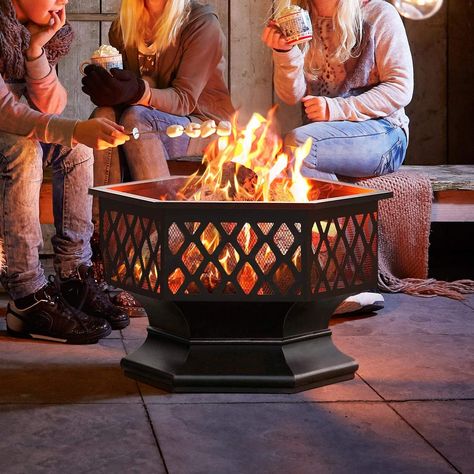 Yaheetech Fire Pit Heavy Duty Fire Bowl Large Fire Pit with Mesh Poker for Outside Patio Heater/Camping Bonfire/Garden/Backyard/Poolside, Hexagon Shaped, Black £59.99 Large Fire Pit, Outdoor Fire Pit Designs, Fire Pokers, Metal Fire Pit, Cool Fire Pits, Round Fire Pit, Concrete Fire Pits, Backyard Camping, Garden Fire Pit