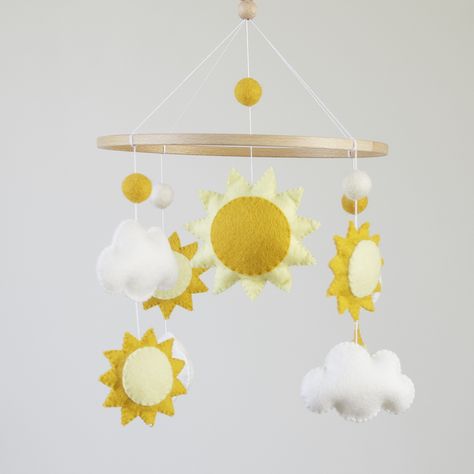 Handmade Felt Baby Mobile with Suns and Clouds, Yellow Nursery Decor Yellow Baby Room, Yellow Nursery Decor, Red Nursery, Felt Baby Mobile, Cot Toys, Baby Corner, Baby Mobiles, Yellow Nursery, Crib Toys