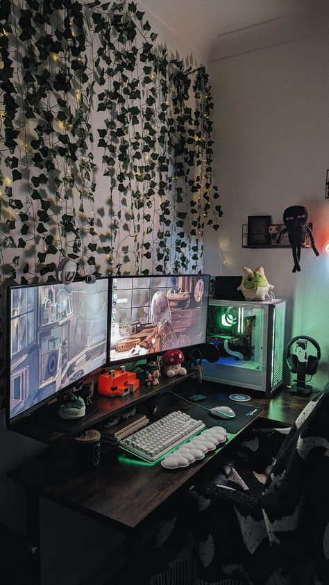 Chill Gaming Setup, Black And Green Desk Setup, Black Gamer Setup, Black Computer Desk Decor, Streaming Room Design, Fantasy Desk Setup, Green And Black Gaming Setup, Dark Cozy Gaming Setup, Dark Gaming Setup