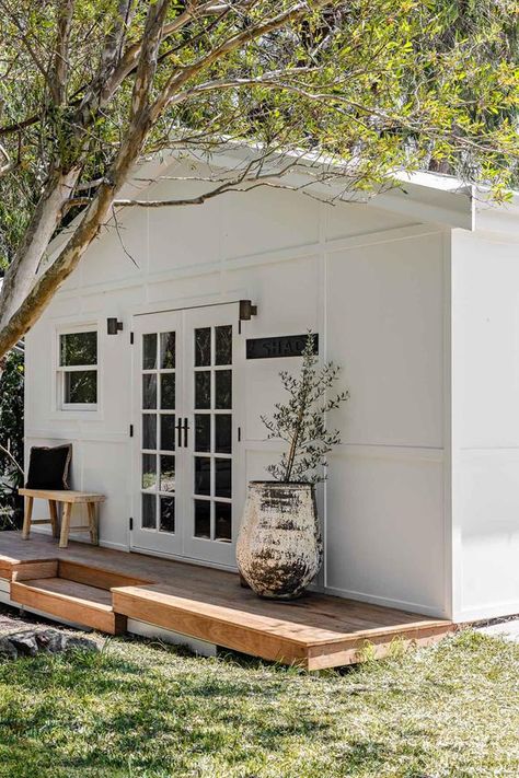 Inside a converted a backyard shed, now luxe coastal hideaway | Homes To Love Mediterranean Inspired Home, Granny Flat Ideas, Shed Inspiration, Studio Shed, The Shack, Shed House, Backyard Studio, Backyard Office, Backyard Sheds