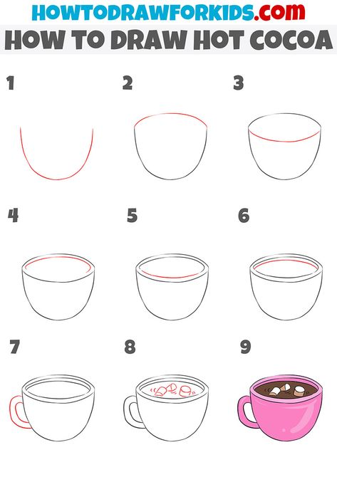 Hot Cocoa Drawing Easy, How To Draw A Cup Of Hot Chocolate, How To Draw Hot Cocoa, How To Draw Hot Chocolate, Hot Cocoa Painting, Hot Chocolate Doodle, How To Draw Coffee, How To Draw Food Step By Step, Draw Hot Chocolate