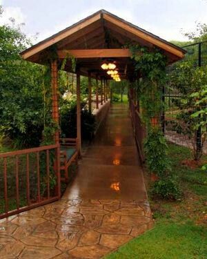 Breeze way with half wall Farmhouse Pathway, Pocket Neighborhood, Pathway Ideas, White Pergola, Backyard Walkway, Covered Walkway, Meditation Garden, Pergola Attached To House, Pergola Design