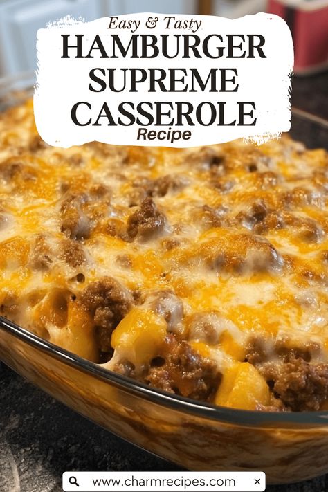 Hamburger Supreme Casserole is a hearty and delicious dish that brings together ground beef, pasta, and a rich, creamy sauce, all topped with melted cheese. This comforting casserole is perfect for family dinners, potlucks, and any occasion where you want to serve something satisfying and crowd-pleasing. Its layers of flavors and textures make it a beloved favorite that's sure to become a staple in your home. Top Beef Recipes, Hot Dishes Casserole Ground Beef, What To Make With Burger Ground Beef, Hamburg Ideas For Dinner, Quick And Easy Hamburger Casserole, Hot Dish Recipes Hamburger, Precooked Hamburger Recipes, Easy Beef Casseroles, Hamburger Meat Recipes For Dinner Easy