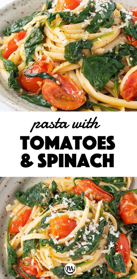 This easy pasta with tomatoes and spinach is ready in less than 20 minutes and it's packed with fresh spinach and cherry tomatoes. It's delicious, juicy, garlicky. #pastarecipes #meatlessdinners #easydinnerrecipes #spinachrecipes Pasta And Veggies Recipes Dinners, How To Cook Spinach, Recipes With Spinach Healthy, Fresh Spinach Recipes Easy, Italian Spinach Recipe, Pasta With Tomatoes And Spinach, Spinach And Tomato Pasta, Spinach Dishes, Fresh Spinach Recipes