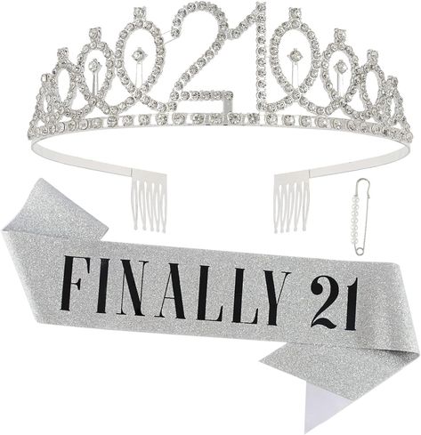 PRICES MAY VARY. Birthday party supplies FINALLY 21 Belt + rhinestone headwear gift set. Brilliant 21 crowns: The clear and shiny rhinestones are fixed on the golden alloy crown and will not be easily placed. They are perfect for any party use. They can bring the most dazzling effect for birthday girls on special occasions. Elegant broken flash window: Brilliant belt 21, made of a material of gold flash, read, FINALLY 21 black pressure foil 33 inches long, 3.75 inches wide, one size suitable for 21 Birthday Sash, Birthday Sash And Crown, 21st Birthday Crown, 21st Birthday Party Favors, 21st Birthday Sash, Happy Birthday Crown, Crowns For Women, Birthday Crowns, Birthday Sash