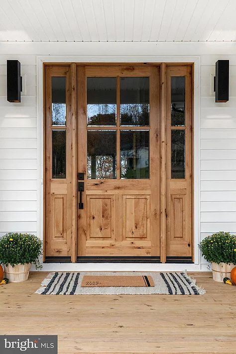 Wooden Farmhouse Front Door, Farmhouse Side Door Entry, Front Farmhouse Door, Spanish French Doors, Big Wood Front Door, Light Wooden Front Door, Exterior Farmhouse Door, Front Doors For Barndominium, White House Wood Door Exterior