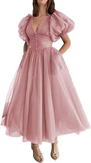 Prom Dresses Tea Length, 90's Prom, Glinda Costume, Puffy Prom Dresses, Prom Dresses Tulle, Sleeve Prom Dresses, Tea Length Prom Dress, Puffy Sleeve Dress, Princess Evening Dress