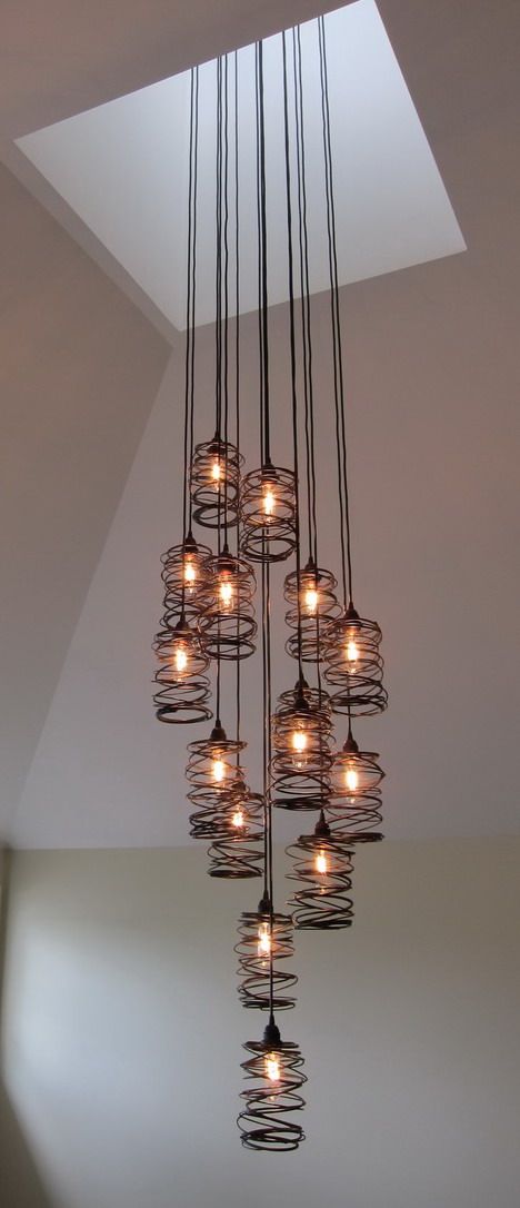 Cascading Spiral Nest - Cluster 15 #lighting #pendants #industrialdesign #lightingdesign #spiralnest #customlighting Diy Luminaire, Staircase Lighting, Foyer Lighting, Deco Luminaire, Creative Lighting, Unique Lamps, Diy Lamp, High Quality Design, Room Lights