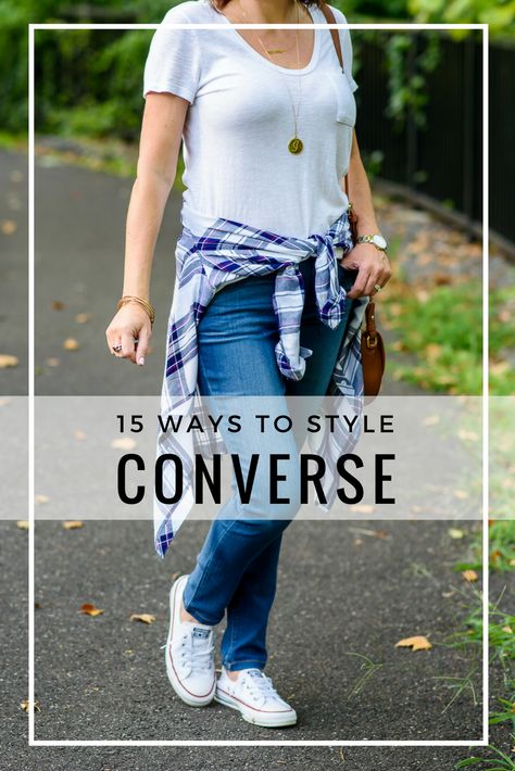 15 Ways to Style Converse: I get a lot of questions about how to style Converse sneakers so I thought I'd gather up all the ways I've styled them over the past couple of years. I wear mine a lot! They're so comfortable and practical, and I love how easy they are to slide on and go. #fashion #outfits #springoutfits #momoutfits #fallfashion #momfashion Style White Converse, Ways To Style Converse, How To Style Converse, White Converse Outfits, White Converse Shoes, Tenis Converse, Outfits Comfy, Fall Family Photo Outfits, Easy Outfits