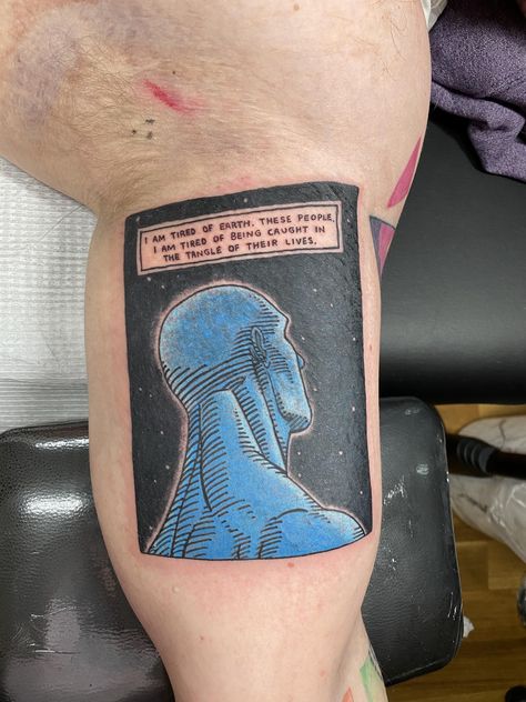 Comic Strip Tattoo Ideas, Dr Manhattan Tattoo, Dc Comics Tattoos Ideas, Watchmen Tattoo, Dc Comics Tattoos, Dr Manhattan, Pop Art Tattoos, Sailboat Tattoo, Prison Tattoos