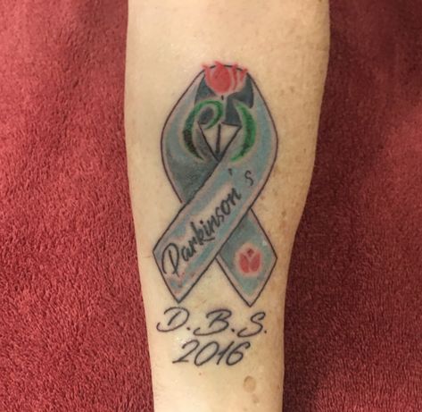 Dbs Tattoo, Parkinsons Tattoo Ideas, Parkinsons Tattoo, Pancreatic Ribbon Tattoo, Parkinson’s Tattoo, Alzheimer’s Ribbon Tattoo, Parkinsons Awareness, Icon Tattoo, Parkinson’s Medications