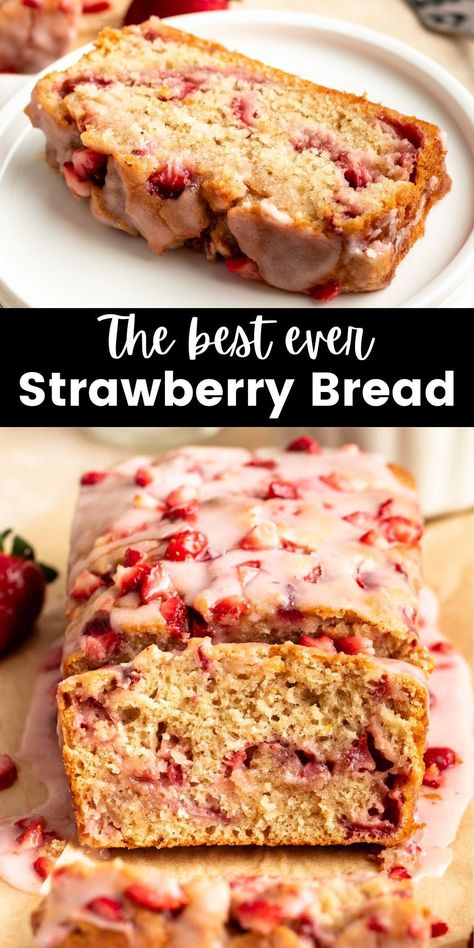 This incredibly moist fresh strawberry bread is made with fresh strawberries and is topped with a delicious strawberry glaze. Strawberry And Cream Loaf Cake, Best Strawberry Bread Recipe, Strawberry Loaf Cake Easy, Strawberry Butter Bread, Streusel Bread Recipes, Homemade Strawberry Bread, Fresh Strawberry Bread Recipe, Strawberry Mini Loaves, Baked Loaf Recipes