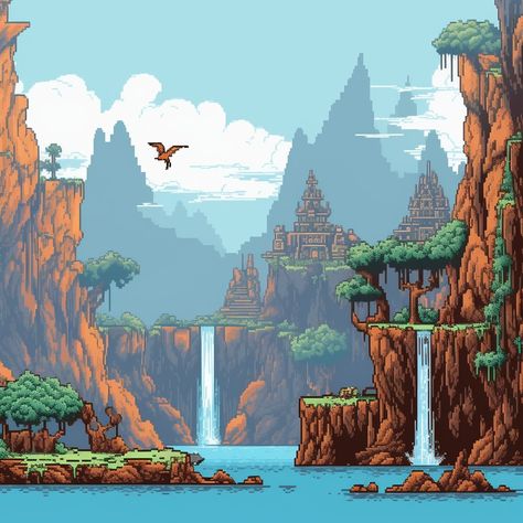 Pixel Art: Mountains, Waterfalls and Rivers Waterfall Pixel Art, Pixel Art Waterfall, Mountain Pixel Art, Pixel Mountain, Pixel Aesthetic, River Waterfall, Art Mountains, Platform Design, Tech Art