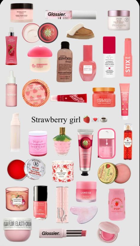 Strawberry Milkshake Philosophy, Body Care Strawberry, Strawberry Skincare Aesthetic, Strawberry Self Care Products, Strawberry Smelling Products, Strawberry Smell Aesthetic, Smell Good Combo Strawberry, Pink Skin Care Products, Strawberry Products Aesthetic