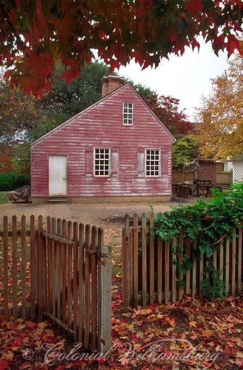 leaves, fence: Saltbox Houses, Primitive Homes, Salt Box, Williamsburg Va, Colonial Williamsburg, Red House, Old Barns, Colonial Style, Colonial House